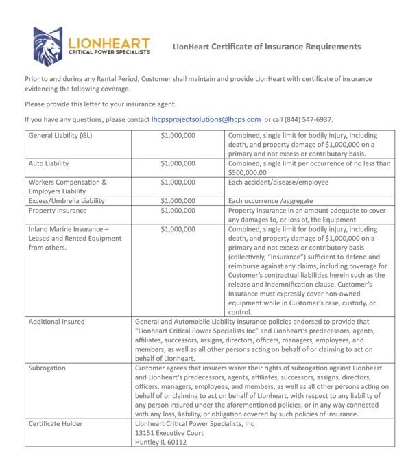 LionHeart COI Requirements