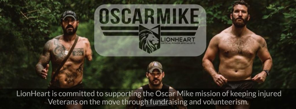 three veterans running towards the camera with the sentence "lionheart is committed to supporting the oscar mile mission of keeping injured veterans on the move through fundraising and volunteerism."